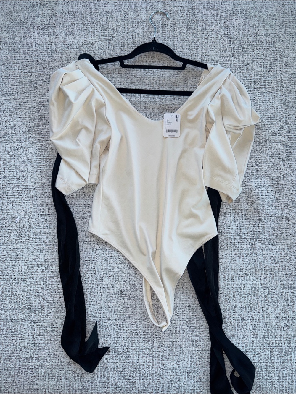 Cream Puff-Sleeve Bodysuit with Black Sash Ties